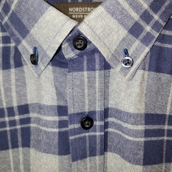 Nordstrom Men's Shop Slim Fit Flannel Long Sleeve Shirt Medium Blue / Grey Plaid - Picture 3 of 15
